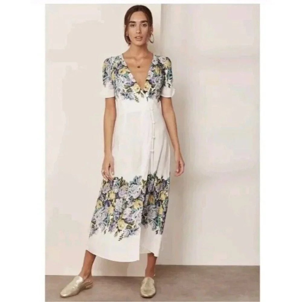 Free People S Jamie Midi Wrap Dress Floral White Blue Button Up Boho Romantic
